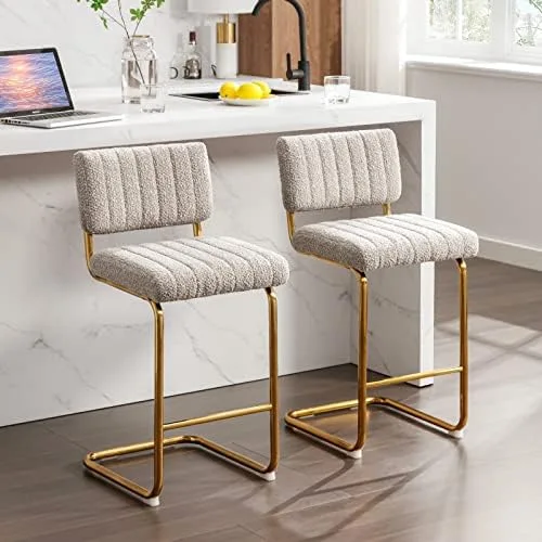 Zesthouse Mid-Century Counter Height Bar Stools Set of 2, 26 Inch Upholstered Boucle Fabric Counter Stools with Channel Tufting for Kitchen Island, Modern Armless Bar Chairs with Back & Gold Base - Image 2