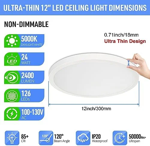 LED Flush Mount Ceiling Light Fixture, 5000K Daylight White, 2400LM, 12 Inch 24W Round Flat Ceiling Lights, 240W Equivalent White Modern Panel Lamp for Bathroom Hallway Kitchen Stairwell, Non-Dimmable - Image 3