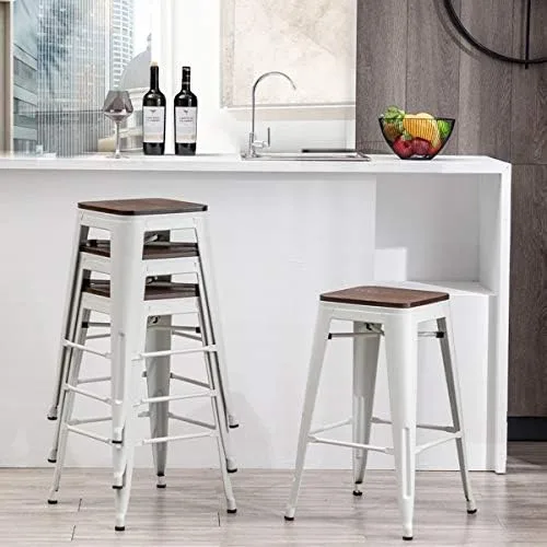 Alunaune 24" Metal Bar Stools Set of 4 Industrial Backless Counter Height Barstools Kitchen Patio Stool Stackable with Wooden Seat- White - Image 4