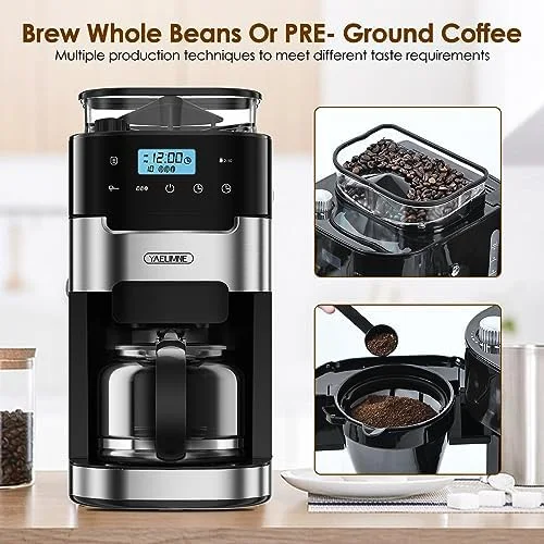 10-Cup Drip Coffee Maker with Touch Screen,Built-In Burr Coffee Grinder, Automatic Grind and Brew,Warming Plate for Home and Office,1.5L Large Capacity Water Tank, Removable Filter Basket, 900W - Image 6