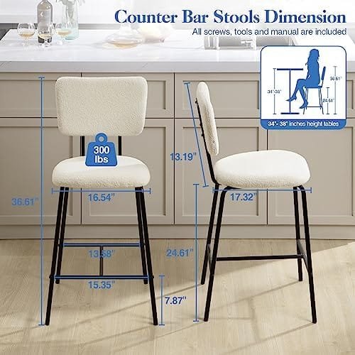 Bar Stools Set of 4 Counter Height Bar Stools : Upholstered Boucle Fabric Bar Stool for Kitchen Bistro Pub Armless Modern Bar Chair with Metal Base for Dining Room Kitchen Island - Image 7