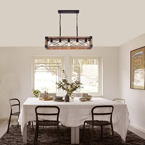 Airposta Kitchen Island Lighting, 33.5-Inch 5 Lights Farmhouse Linear Chandelier for Dining Room Pool Table Pendant Light Fixture, Rustic Wood Grain Finish, Industrial Pendant Light - Image 9