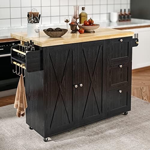 IRONCK Rolling Kitchen Island Cart with Drop-Leaf Countertop, Barn 3Drawers, Barn Door Style Cabine,Thicker Rubberwood Top, Spice Rack, on Wheels, for Kitchen and Dining Room, Black - Image 3