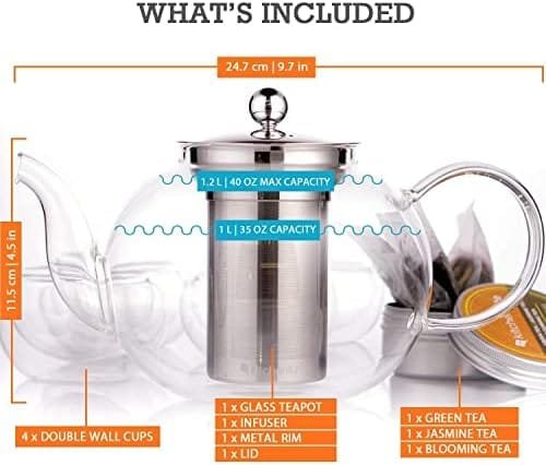 Kitchen Kite Glass Teapot Set with 4 Double Wall Teacups & Removable Stainless Steel Infuser - Microwave Dishwasher Safe Clear Blooming Loose Leaf Teas, Tea Maker Gift - Image 5