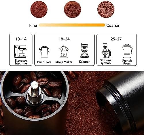 WhiteRhino Manual Coffee Grinder with Foldable Handle, Adjustable Stainless Steel Conical Burr Coffee Grinder, Double Bearing Positioning Hand Coffee Grinder for Espresso to French Press, Black - Image 7