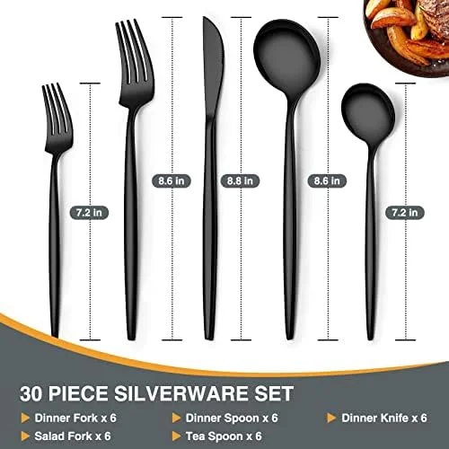 Matte Black Silverware Set 30 Piece, Wildone Stainless Steel Flatware Set Service for 6, Cutlery Utensil Sets for Home Restaurant, Include Knife Fork Spoon Set, Dishwasher Safe - Image 3