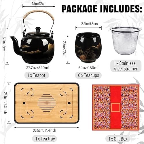Hushee Japanese Tea Set in Gift Box Asian Tea Set Magic Teapot with 1 Teapot, 6 Tea Cups, 1 Tea Tray, 1 Stainless Infuser, Black Ceramic Chinese Porcelain Tea Set Gift for Tea Adult Lover Office Home - Image 3