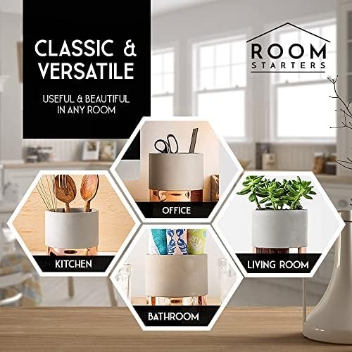 Room Starters Kitchen Utensil Holder for Countertop | Rustic Concrete/Steel Large Utensil Holder for Kitchen Counter | Organizer Caddy Crock (Copper) - Image 6