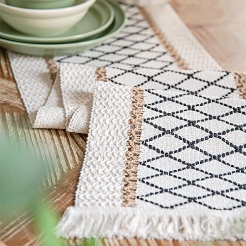 Table Runner, Boho Table Runner Cotton Linen Table Decorations, Farmhouse Table Runners with Tassels for Bohemian Wedding Bridal Shower Rustic Home Dining Table (Black/Grid/A, 12x72) - Image 3