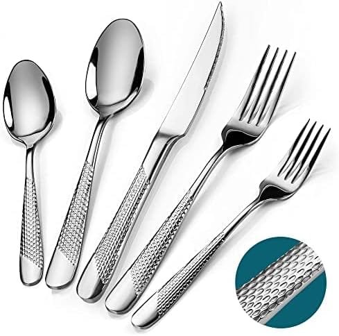 Meythway 30-Piece Modern Hammered Silverware Set For 8, Stainless Steel Flatware Utensil Set with Ultra Sharp 2-IN-1 Serrated Knife, Cutlery Set Servie for 6, Mirror Polished, and Dishwasher Safe - Image 2