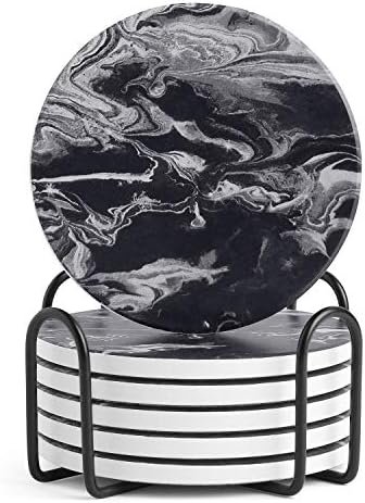 LIFVER Coasters Set of 6, Coasters for Drinks Absorbent Stone with Holder, Black Marble Style Ceramic Drink Coaster for Tabletop Protection, Coffee Table Decor Ideal for Home Decor House Warming Gifts - Image 2