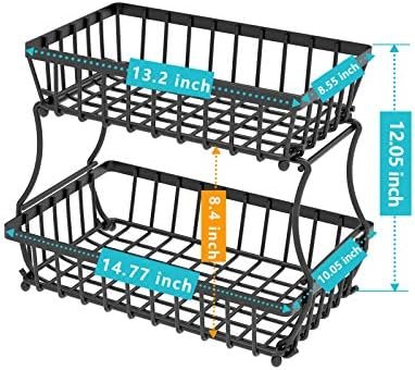 Apsan 2 Tier Countertop Fruit Basket Bowl for Kitchen,Bread Vegetable Fruit Basket Bowl Stand Detachable Metal Rectangular Wire Basket, Black Medium - Image 7