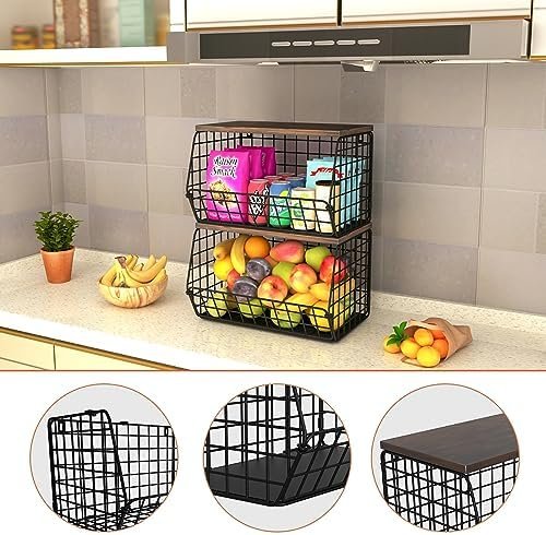 LUUDTAI Hanging Fruit Basket, Stackable Wall Mounted Fruit Baskets, Hanging Wire Basket with Wood Lid, Potato and Onion Storage Bin, Stackable Kitchen Wire Baskets for Fruit Veggies Produce Snack - Image 4