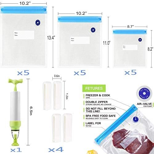 Sous Vide Bags 20pack Reusable Vacuum Food Storage Bags with 3 Sizes Vacuum Food Bags,1 Hand Pump,4 Sealing Clips for Food Storage and Sous Vide Cooking (Blue Kit) - Image 7
