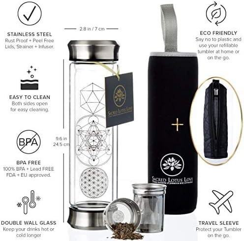 Sacred Lotus Love Double-Walled Glass Tea Infuser Bottle - Portable Travel Mug with Strainer and Sleeve for Loose Leaf Tea, Coffee, Smoothies - Insulated Tumbler with Lid for Hot and Iced Beverages - Image 5