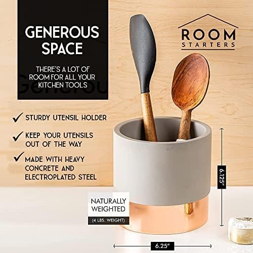 Room Starters Kitchen Utensil Holder for Countertop | Rustic Concrete/Steel Large Utensil Holder for Kitchen Counter | Organizer Caddy Crock (Copper) - Image 4