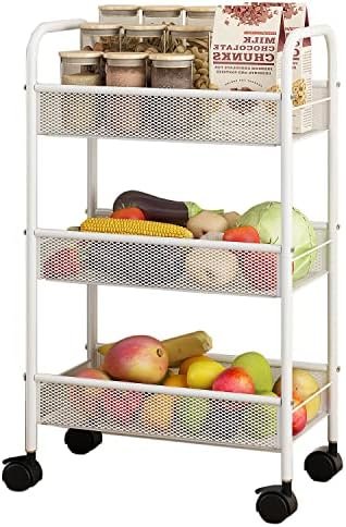 Simple Trending 3 Tier Rolling Storage Cart, Utility Organizer Shelves with Wheels for Kitchen Bathroom, Metal Mesh White - Image 2