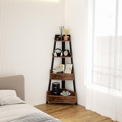 Elsie&Mi 55.1 Inch Tall Corner Shelf, 4-Tire 2 Drawers Corner Cabinet, Storage Rack for Living Room, Office, Kitchen, Basement, Bedroom, Rustic Brown - Image 5