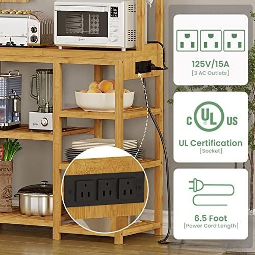 FORABAMB Bakers Rack with Power Outlets, 6-Tier Microwave Stand, Kitchen Utility Storage Shelf 10 S-Shaped Hooks, Coffee Bar Table Station, Standing Rack, 31.5 x 15.7 65 Inches, Bamboo - Image 4