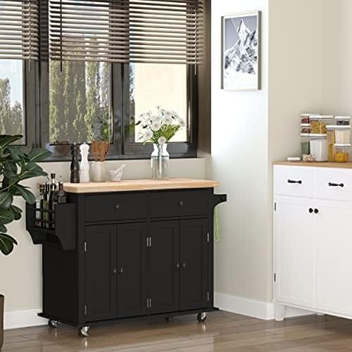 HOMCOM Kitchen Island on Wheels, Rolling Cart with Rubberwood Top, Spice Rack, Towel Rack and Drawers for Dining Room, Black - Image 3