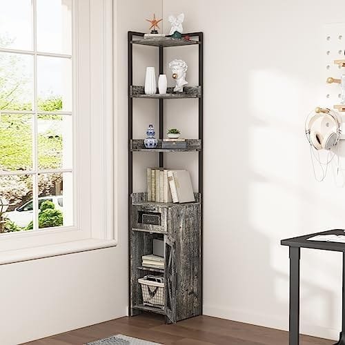 LDTTCUK Corner Cabinet, 7-Tier Corner Shelf with Drawer, 72" Tall Corner Bookshelf Corner Display Storage Cabinet for Living Room, Bedroom, Office, Small Space, Grey - Image 10