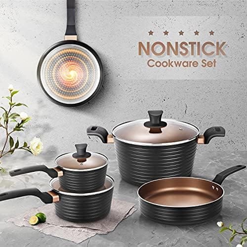 Pots and Pans Sets, Nonstick Cookware Set, Induction, Chemical-Free Kitchen Sets, Saucepan, Frying Pan, Saute Pan, Black, 9 Pieces - Image 3