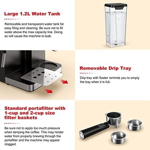 Galanz 2-in-1 Pump Espresso Machine & Single Serve Coffee Maker with Milk Frother, Latte, Cappuccino Machine, 1.2L Removable Water Tank, LED Display Touch Control, Black Stainless Steel Trim - Image 6