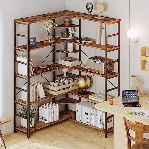 IRONCK Industrial Bookcases and Bookshelves, 5-Tiers Corner Bookcase with Curved Panels, L Shaped Shelf with Metal Frame for Open Storage for Living Room Home Office - Image 10
