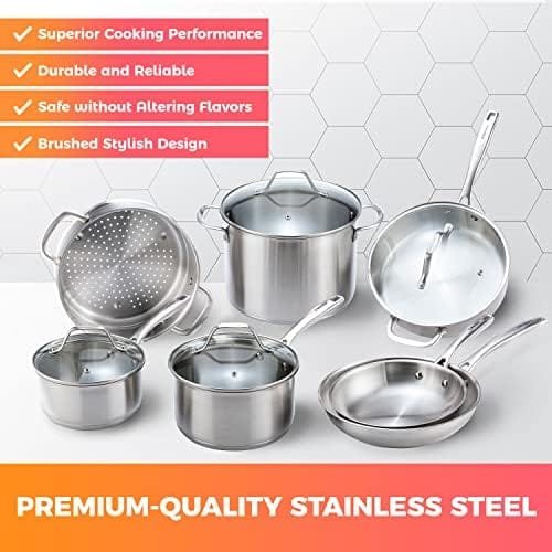 Mueller Pots and Pans Set 11-Piece, Ultra-Clad Pro Stainless Steel Cookware Set, Ergonomic and EverCool Stainless Steel Handle, Includes Saucepans, Skillets, Stockpot, Saute Pan, Steamer - Image 3