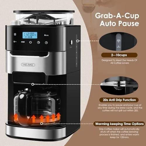 10-Cup Drip Coffee Maker with Touch Screen,Built-In Burr Coffee Grinder, Automatic Grind and Brew,Warming Plate for Home and Office,1.5L Large Capacity Water Tank, Removable Filter Basket, 900W - Image 5