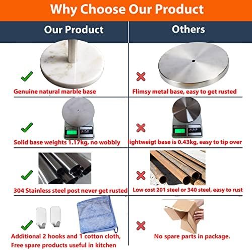 Paper Towel Holder Heavy Marble Base, Free Standing Paper Towel Holder Countertop for Kitchen, Paper Towel Dispenser with Weighted Base, Brushed Nickel Pole - Image 9