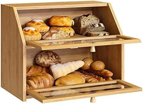 Bread Storage Farmhouse Bread Box For Kitchen Countertop Bread Container With Clear Window Breadbox Double Layer Bamboo Wooden Extra Large Capacity Bin Kitchen Food Storage Container(Trapezoid) - Image 8