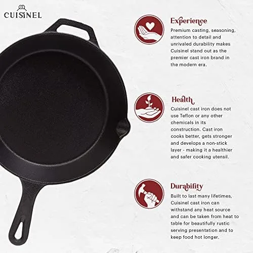 Cuisinel Cast Iron Skillets Set - 3-Piece: 6" + 8" + 10"-Inch Chef Frying Pans - Pre-Seasoned Cookware + 3 Heat-Resistant Handle Cover Grips - Indoor/Outdoor Use - Grill, Stove, BBQ, Fire, Oven Safe - Image 3
