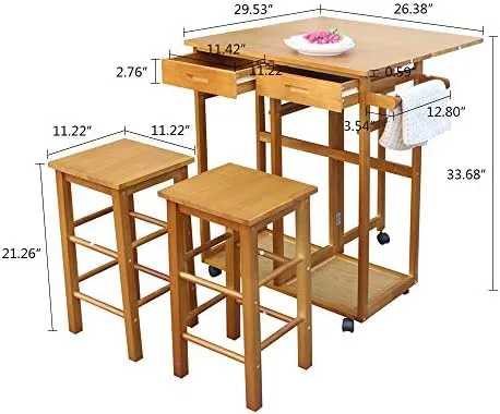 Folding Breakfast Cart Dining Table for 2, Drop Leaf Tables for Small Spaces, Foldable Kitchen Table, Space Saving Bar Table Chairs Set, Kitchen Trolley Island On Wheels for Bar, Restaurant, Home - Image 8