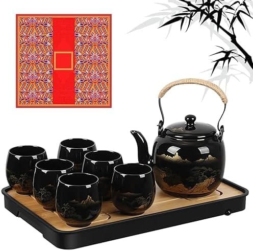 Hushee Japanese Tea Set in Gift Box Asian Tea Set Magic Teapot with 1 Teapot, 6 Tea Cups, 1 Tea Tray, 1 Stainless Infuser, Black Ceramic Chinese Porcelain Tea Set Gift for Tea Adult Lover Office Home - Image 2
