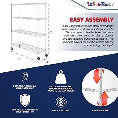 SafeRacks NSF Certified Storage Shelves, Heavy Duty Steel Wire Shelving Unit with Wheels and Adjustable Feet, Used as Pantry Shelf, Garage or Bakers Rack Kitchen Shelving - (18"x60"x72" 4-Tier) - Image 5