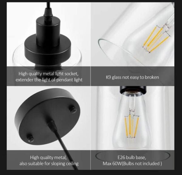 Industrial Pendant Lights, Modern Clear Glass Shade Pendant Lighting, Black Pendant Light Fixtures Ceiling Light, Farmhouse Pendant Lighting for Kitchen Island Hallway Porch Corridor Bedroom, 3-Pack - Image 8