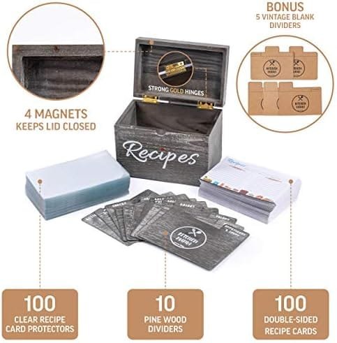 KitchenMania Wood Recipe Box with Cards,Wood Dividers 4x6 Vintage Style Set,100 Double Sided Recipe Cards,100 Recipe Card Protectors, Gift for Grandma Mom Women Wedding Bridal Shower Rustic Black - Image 3