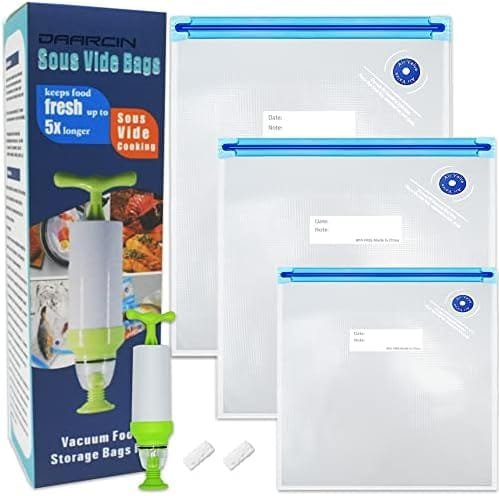 Daarcin 3 Size 40pcs Sous Vide Bags BPA Free Reusable Vacuum Sealer Bags Kit Keep Food Flesh with 1 Vacuum Hand Pump and 2 Sealing Clips - Image 2