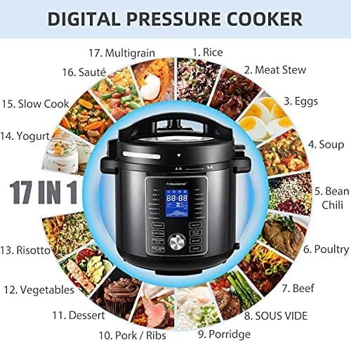 Transonic OPA160 Pressure Cooker Air Fryer Combo, 6 Quart 1500W Multi Cooker , All in 1 Pressure Cooker with Air Fryer Lid, Large LED Display, Black Metallic - Image 6