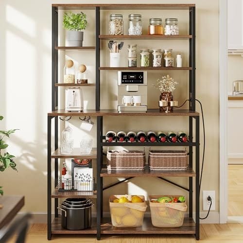 YITAHOME Kitchen Microwave Stand Bakers Rack, Coffee Bar Wine Storage Utility Shelves for Liquor Glasses Pantry Appliance Spice Pot Pan Freestanding Tall w Power Outlet Mug Holder 39", Rustic - Image 2
