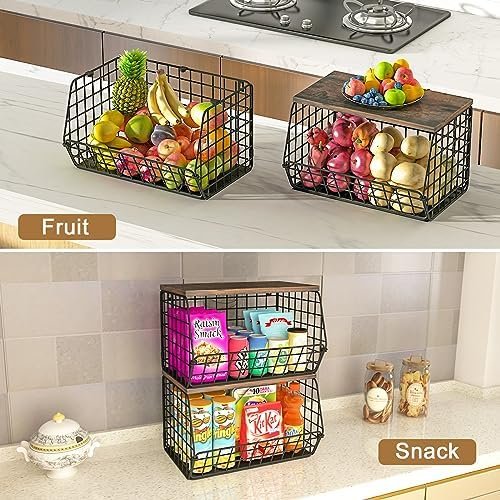 LUUDTAI Hanging Fruit Basket, Stackable Wall Mounted Fruit Baskets, Hanging Wire Basket with Wood Lid, Potato and Onion Storage Bin, Stackable Kitchen Wire Baskets for Fruit Veggies Produce Snack - Image 5