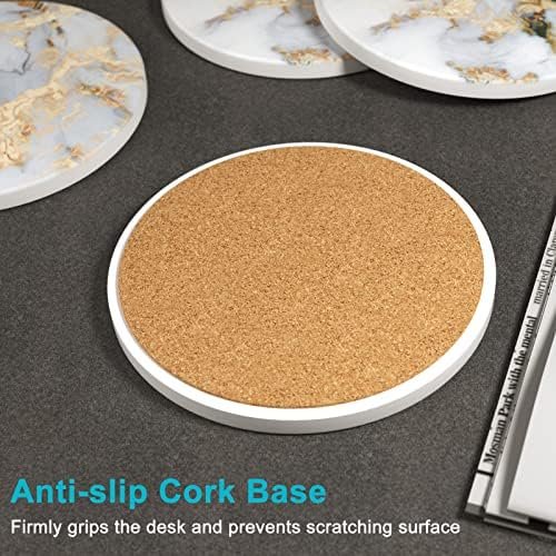 Nipichsha Coasters for Drinks, Set of 6 Marble Absorbent Ceramic Coasters with Holder and Cork Base, Cute Stone Drink Coasters for Cup Kitchen Home Decor Housewarming Gift, Round 4", White Gray Gold - Image 5