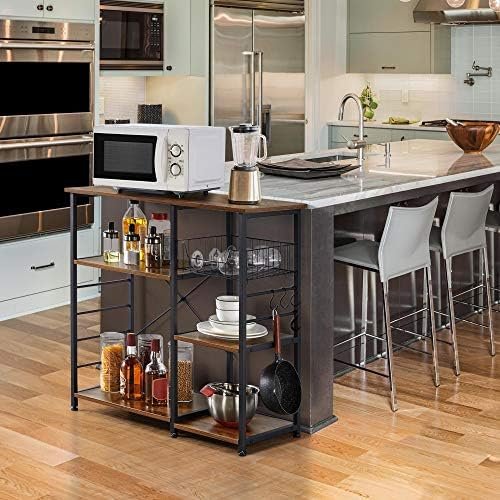 Yaheetech 4-Tier Kitchen Baker's Rack, Coffee Bar Microwave Stand Cart with Wire Basket & 6 Side Hooks, Kitchen Organizer Shelf for Spices/Utensils Foods, Rustic Brown - Image 4