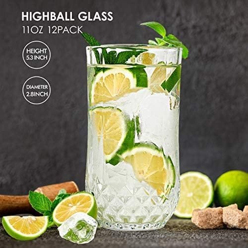 Highball Drinking Glasses Set of 12, Clear Cocktail Glasses , 11 Ounce Cups,Elegant and Durable Tall Bar Glassware Sets for Water, Juice, Cocktails, Beer, Glass Cups Set with Shockproof Package - Image 3