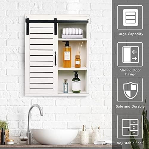 RUSTOWN Wood Farmhouse Bathroom Cabinet Wall Mounted, 3-Tier Rustic Wall Storage Cabinet with Shutter Sliding Door, Medicine Cabinet with Adjustable Shelf, Wall Cabinet for Living Room (Vintage White) - Image 6