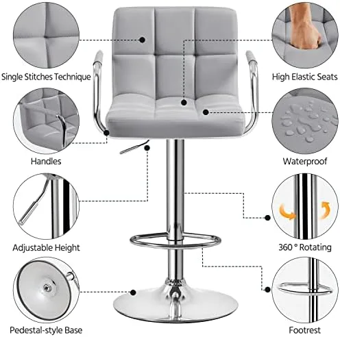 Yaheetech Modern Bar Stools Set of 2 Swivel Kitchen Stool Height Adjustable Square Counter Stool with Back&Armrest PU Leather Stool, Light Grey - Image 6