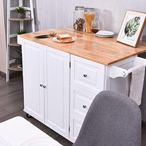 GLACER Kitchen Island Cart on Wheels, Rolling Kitchen Island with Drop Leaf Top, Kitchen Trolley Cart with Drawers, Towel Rack & Bottle Rack, 53.5 x 30 x 36 inches (White) - Image 3