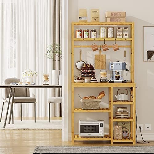 FORABAMB Bakers Rack with Power Outlets, 6-Tier Microwave Stand, Kitchen Utility Storage Shelf 10 S-Shaped Hooks, Coffee Bar Table Station, Standing Rack, 31.5 x 15.7 65 Inches, Bamboo - Image 9
