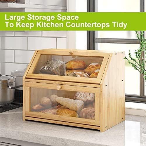 Bread Storage Farmhouse Bread Box For Kitchen Countertop Bread Container With Clear Window Breadbox Double Layer Bamboo Wooden Extra Large Capacity Bin Kitchen Food Storage Container(Trapezoid) - Image 6